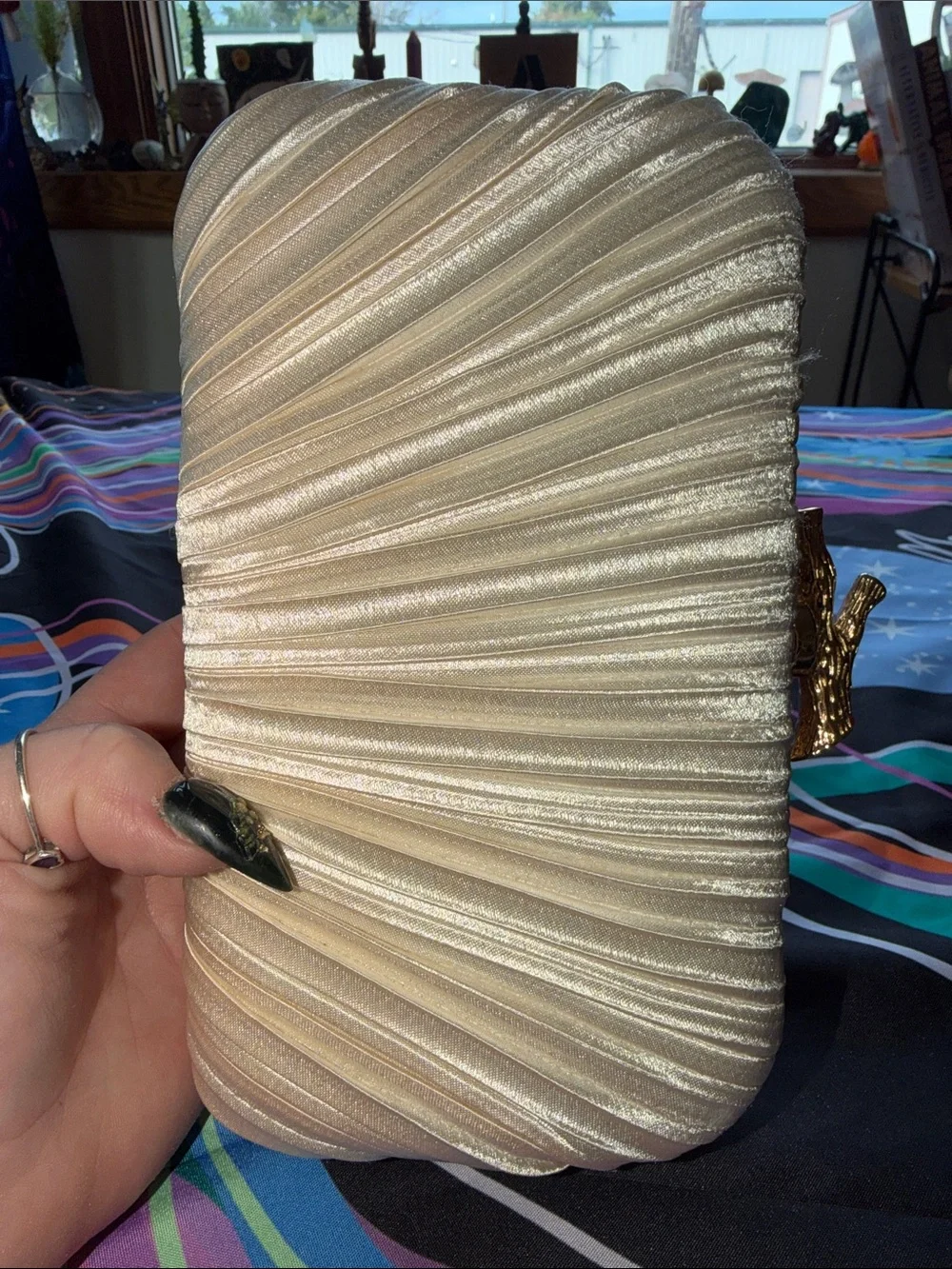 Elegant Pearl Ivory Satin Clutch with Gold Bird Accent NWOT